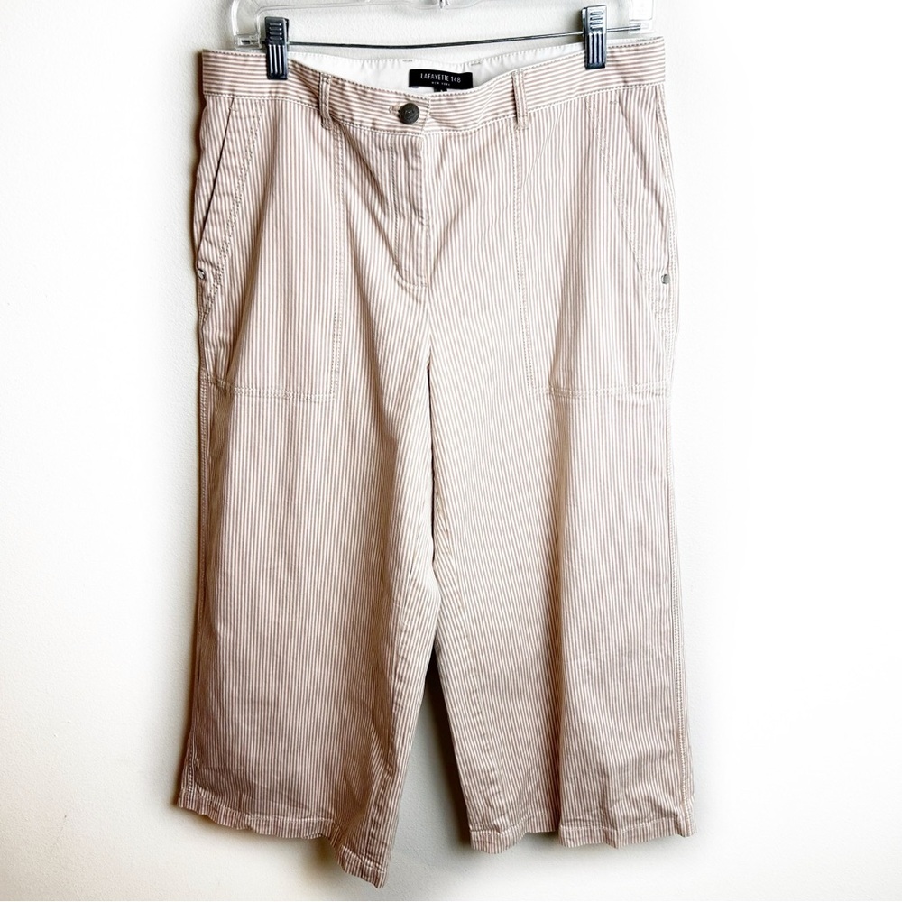 Lafayette 148 New York Fulton Wide Leg Crop pants striped tan size: 8